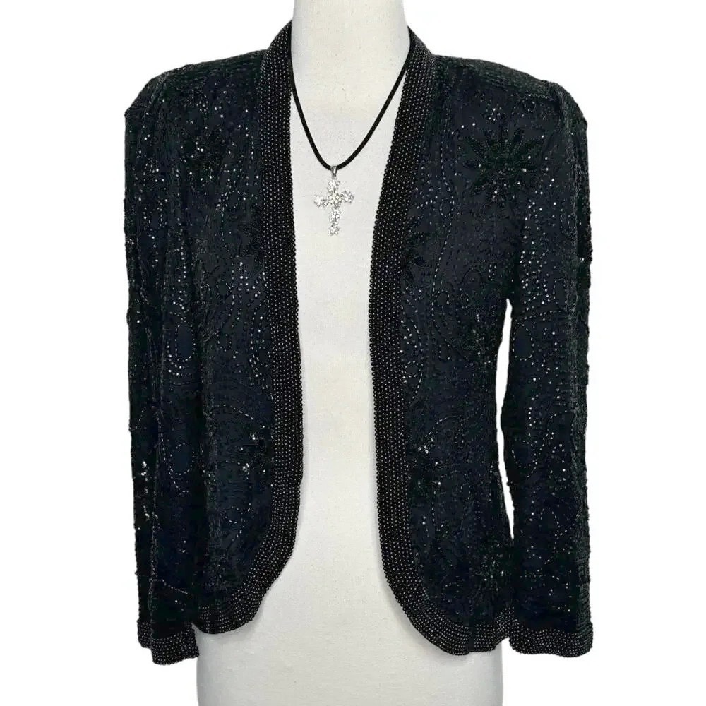 Nite Line Jacket S Black Beaded Sequin Silk Open Front Vintage Evening Bolero